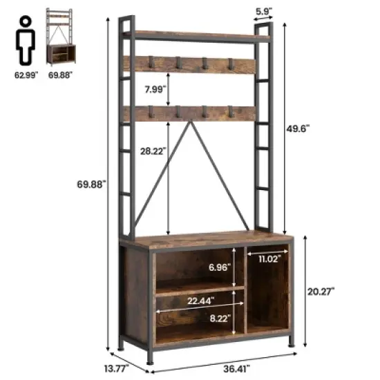 Garvee Hall Tree with Bench Coat Rack Freestanding 5 in 1 Industrial Shoe Bench with 3 Storage Cubbies and 8 Hooks Entryway Coat Rack, Brown image {7}