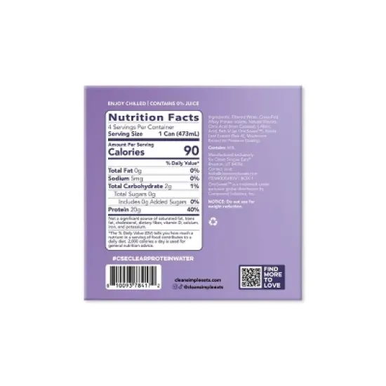 Clean Simple Eats Clear Protein Water Blackberry Vanilla Cans - 4pk/16 fl oz image {6}