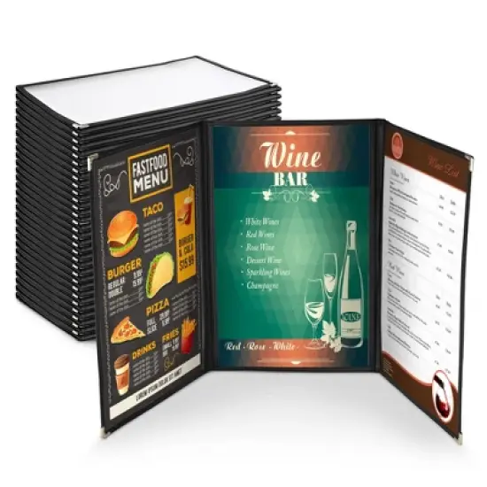 WeChef 30 Menu Cover 8.5 x 14" 6 View Triple Fold Double Stitch Trim Cafe Restaurant Black image {9}