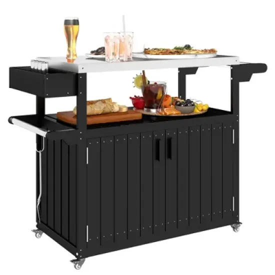 Outsunny Outdoor Bar Cart with Storage, Stainless Steel Top, HDPE Outdoor Kitchen Cart on Wheels, Outdoor Bar Table Beverage Food Prep Station image {6}