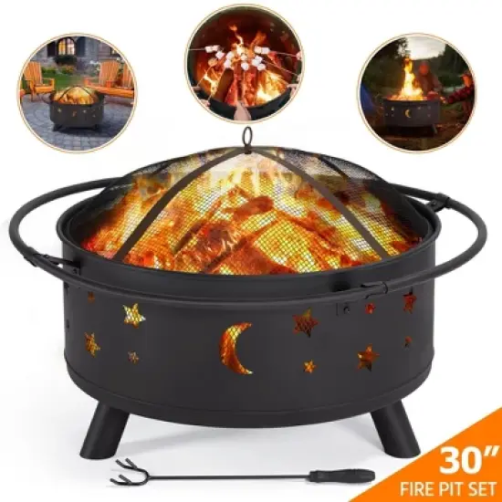 Yaheetech 30" Outdoor Fire Pit Set Heating Warm Equipment Including Poker Mesh Cover with Stars Moons Pattern Black image {2}