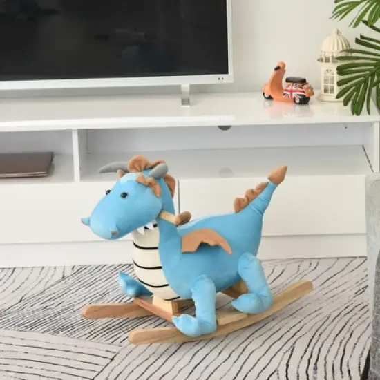 Qaba Kids Plush Ride-On Rocking Horse Toy Dinosaur Ride Rocking Chair with Realistic Sounds for18-36 Months, Blue image {1}