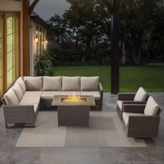 POCASSY L-Shaped Patio Sectional Sofa Set with Fire Pit Table, All Weather Brown Wicker Outdoor Furniture Set with Swivel Chair and Propane Fire Pit image {15}