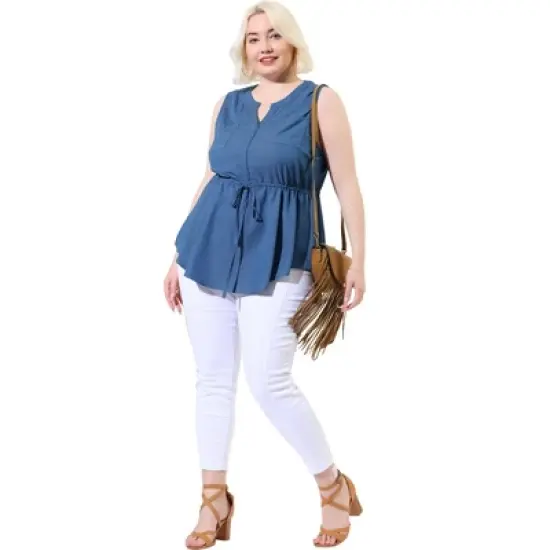 Agnes Orinda Women's Plus Size Shirts Denim V Neck Drawstring Waist Sleeveless Chambray Tops image {2}