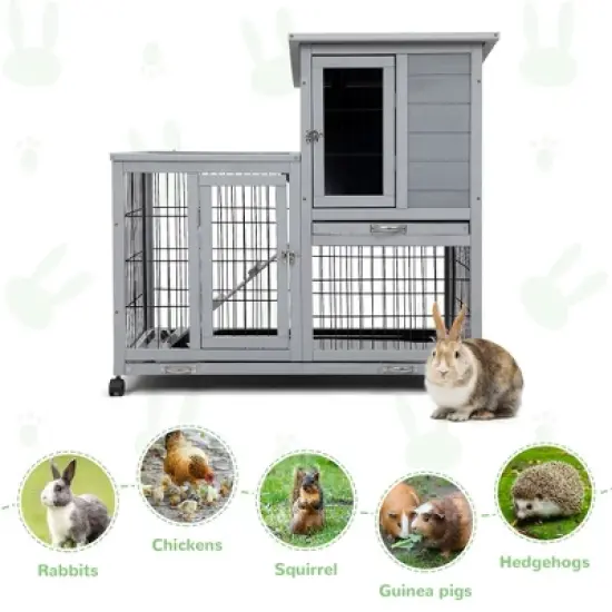 Sandinrayli Rabbit Hutch Indoor Outdoor Bunny Cage 39" L Large 2-Story Wooden Small Animal House Enclosure with Wheels image {5}