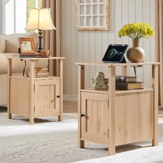 2 PCS Nightstand with Charging Station & Barn Door & Open Shelves，Farmhouse End Table for Bedroom, Living Room image {7}
