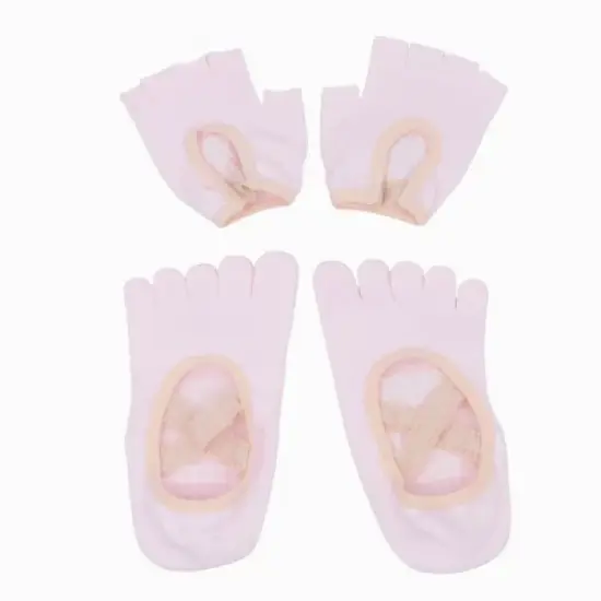 Anna-Kaci Women's Non-Slip Grip Yoga Sock and Fingerless Glove Set with Toe Separation and Ballet Strap Detail image {1}