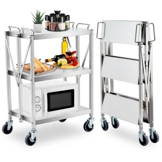 Folding Utility Cart, Stainless Steel Collapsible Service Cart 133 Lbs Large Loading per Shelf, Sturdy 3-Tier Rolling Cart with Wheels Lockable image {6}