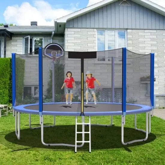 Costway 12/14/15ft Trampoline w/ Safety Enclosure Net Ladder Basketball Hoop image {2}