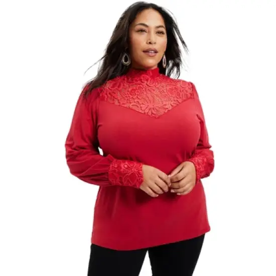 June + Vie by Roaman's Women&rsquo;s Plus Size Lace Yoke Mockneck Top image {4}
