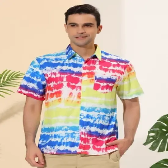 Lars Amadeus Men's Tie-dye Color Block Button Down Hawaiian Short Sleeve Striped Shirts image {1}