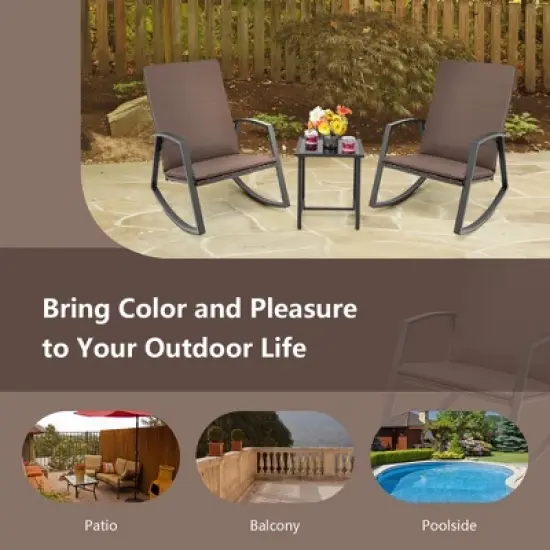 Costway 3PCS Patio Rattan Rocking Chair Table Furniture Set Yard Cushion image {8}
