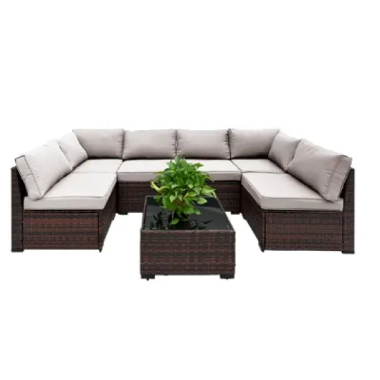 Yardgrace 7-Piece Modular All-Weather Rattan Sectional Set with Glass Table image {6}