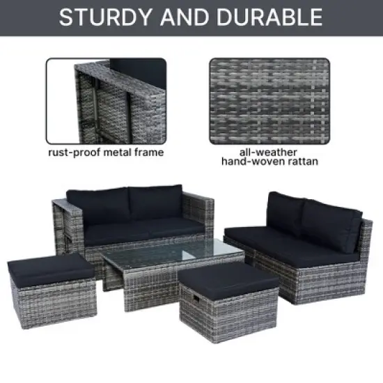 Rbied 6-Piece Wicker Outdoor Sofa Sectional Set Conversation Set with Black Cushions, Smart Storage Design image {7}