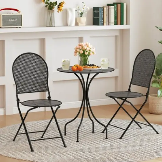 Costway 3 PCS Metal Bistro Set Round Table & 2 Folding Chairs with Rattan-Like Pattern Black/White image {4}