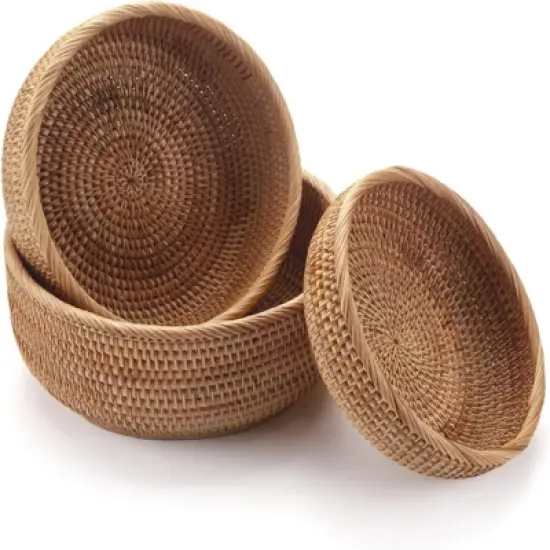 BRINJOY 3-Piece Stackable Round Rattan Basket Set - Natural Woven Storage Bowls for Fruits, Keys, Kitchen Counter (10.2", 9", 7.9") image {4}