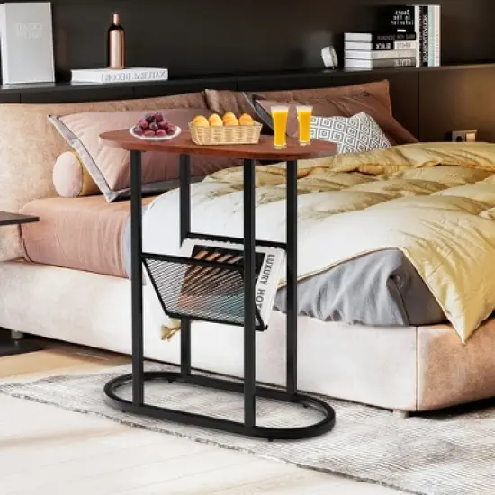 Costway 2 PCS 2-tier Side Table Oval Narrow End Table Nightstand Bedside Table Brown image {3}
