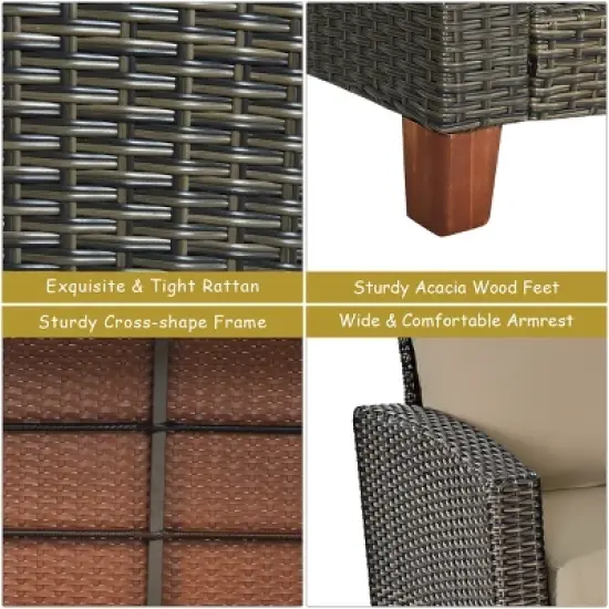 Costway 4PCS Patio Rattan Furniture Set Solid Wood Leg Cushioned Sofa Garden Lawn image {6}