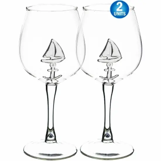 5 Star Super Deals Sail Boat Wine Glass w/ 3D Sailboat and Nautical Anchor Design - 2PC -  Unique Sea Themed Wine Stemware for Wine image {8}