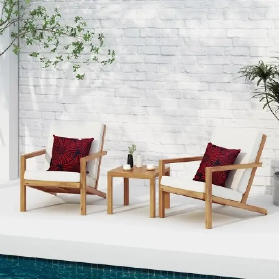 3 Piece Acacia Wood Outdoor Patio Chat Set,Wood Coffee Table and 2 Adirondack Chair Set,Outdoor Patio Conversation Set with Cushion-Coolbibila image {2}