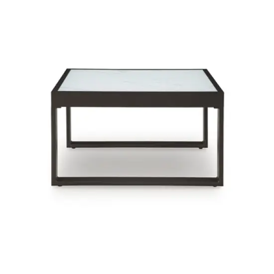 Signature Design by Ashley Beachloft Modern Outdoor Coffee Table - Weather-Resistant Aluminum with Stone-Look Glass Top, 30" Square, Black/Gray image {2}