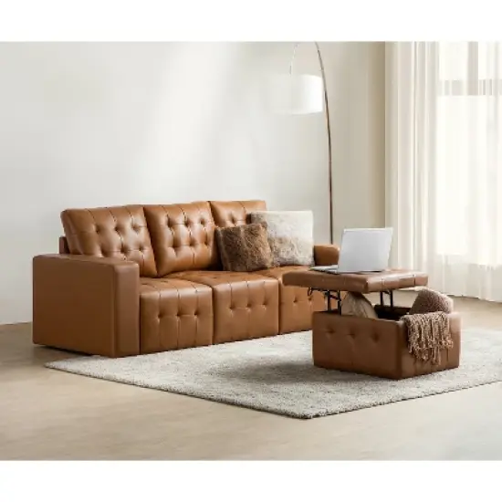 Javier Genuine Leather Upholstered Sofa Set 87" wide Sofa with Removable Back Cushions and Hidden Interior Storage | ARTFUL LIVING DESIGN image {2}
