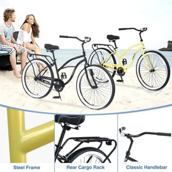 NAYSAYE 26 Inch Single Speed Beach Cruiser Adult Bike Steel Frame for Relaxed Outdoor Riding, Black, 69.29"*25.98"*39.37" image {4}