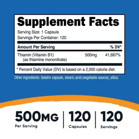Nutricost Vitamin B1 (Thiamin) Capsules (500 MG) (120 Capsules) image {1}