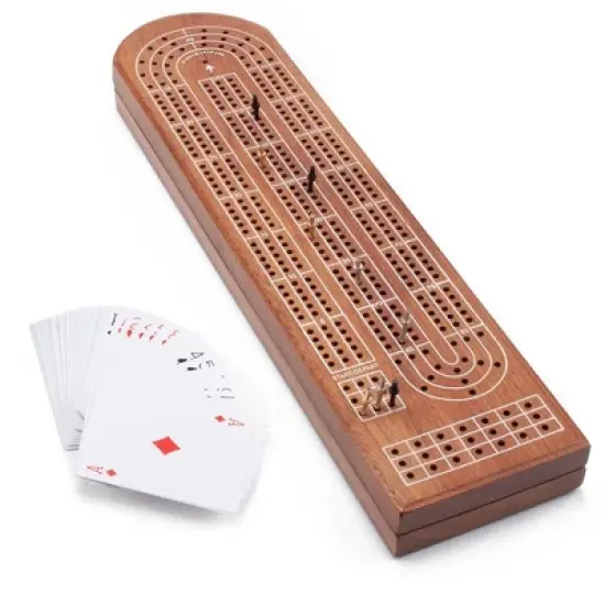 GSE 3-Track Wooden Cribbage Board Game with Playing Cards, 9 Metal Pegs, and Storage Area for Family Game image {7}