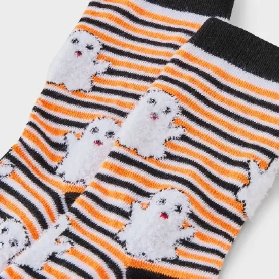 Women's Striped Fuzzy Ghost Halloween Crew Socks - Hyde and EEK! Boutique&trade; Black/White/Orange 4 -10 image {2}