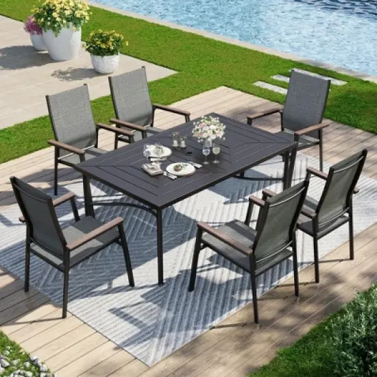 Captiva Designs 7pc Patio Dining Set with Geometric Pattern Rectangle Table & Sling Chairs with Wood-look Armrest image {17}