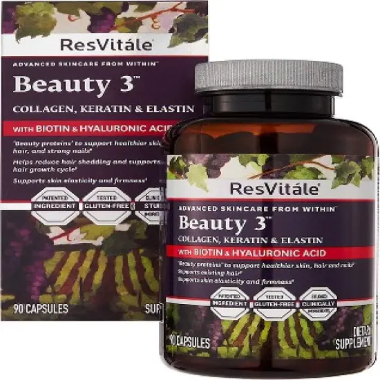 ResVit&aacute;le Beauty 3 - Skin Care Supplement with Collagen, Keratin & Elastin - 90 Capsules image {2}