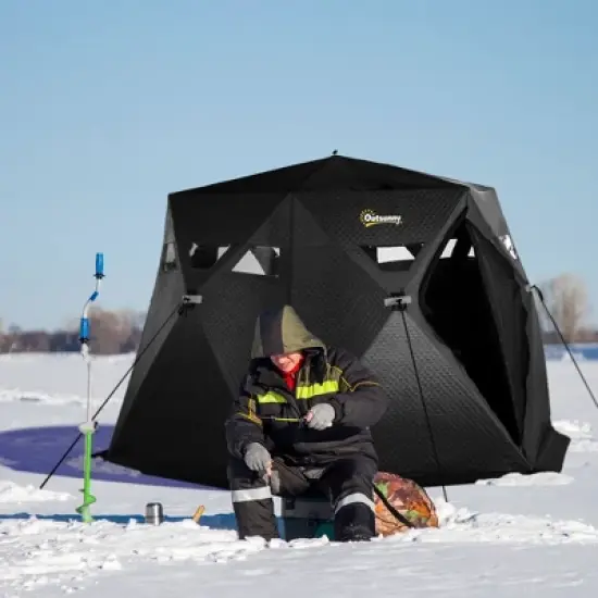 Outsunny 4 Person Insulated Ice Fishing Shelter 360-Degree View, Pop-Up Portable Ice Fishing Tent with Carry Bag, Two Doors and Anchors, Black image {2}