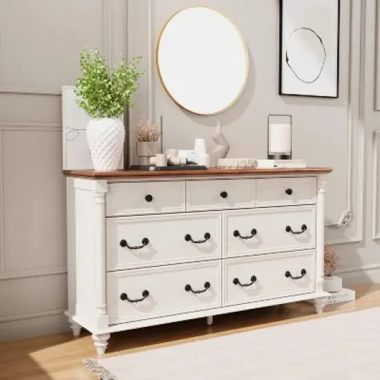 Farmhouse 7 Drawers Dresser for Bedroom with 4 Solid Wood Feet & Column Decor & Metal Slide, Storage Dressers for Bedroom image {8}