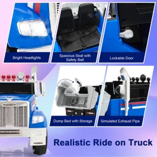 Costway 12V Licensed Freightliner Kids Ride On Truck Car RC w/ Dump Box & Lights Red\Blue image {6}