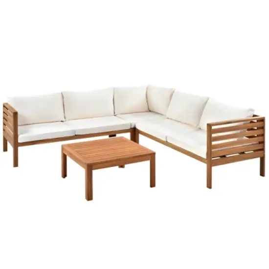 4-Pieces Outdoor Acacia Wood L-Shaped Sectional Sofa Set with Coffee Table image {3}