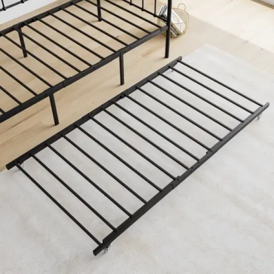 Twin Size Metal Daybed Frame with Trundle, Heavy Duty Steel Slat Support Sofa Bed Platform with Headboard, No Box Spring Needed, Black image {5}
