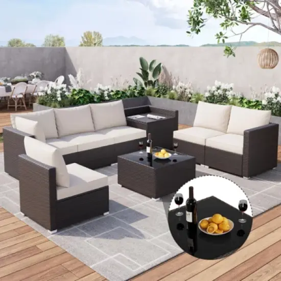 Garvee 8 Pieces Outdoor Patio Furniture Set with Storage, 4 Inch Cushions Outdoor Wicker Rattan Patio Furniture Sectional Set with Glass Table, Brown image {2}