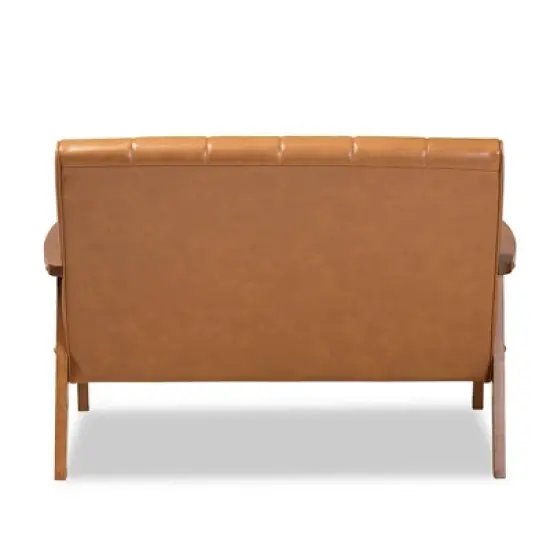 Nikko Mid-Century Faux Leather Upholstered Wood Loveseat Walnut/Brown - Baxton Studio image {3}