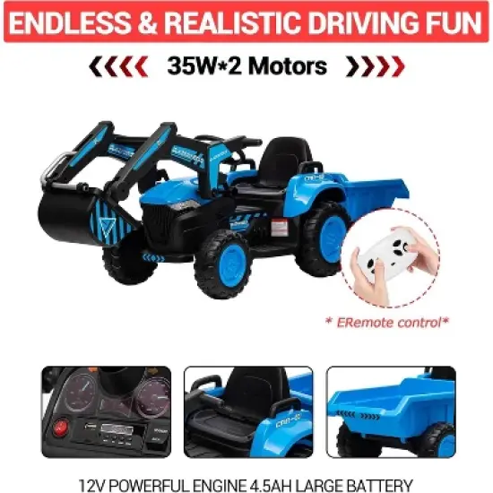 12V 3 in 1 Kids Ride on Excavator & Tractor with Detachable Trailer, Kids Electric Vehicles with Remote Control, LED Lights, Music image {6}