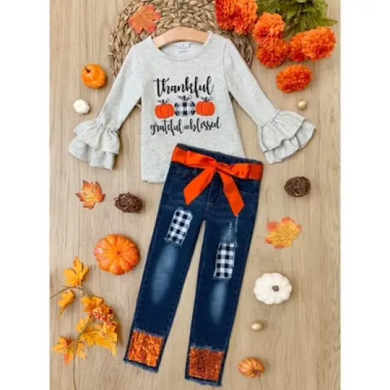 Girls Thankful, Grateful, & Blessed Sequin Patched Jeans Set - Mia Belle Girls image {4}