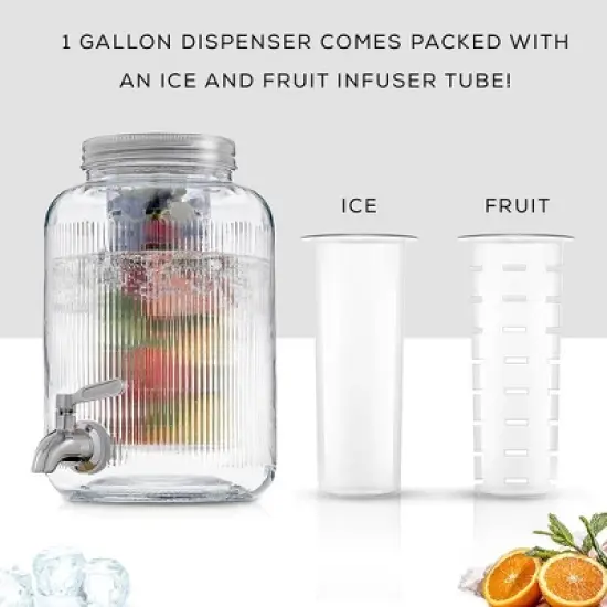 JoyJolt Glass Fluted Drink Dispenser, Ice Cylinder, & Fruit Infuser-1 Gallon Dispensers for Parties image {4}