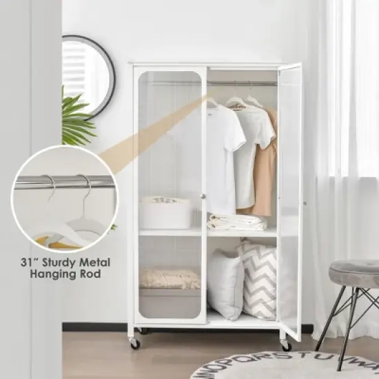 Costway Storage Wardrobe Cabinet Mobile Armoire Closet with Hanging Rod & Adjustable Shelf image {4}