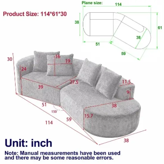 NicBex Couches for Living Room 114" Oversized Sectional Sofa Chenille Modern Upholstered 4-seater Curved Cloud Sofa Couch with Throw Pillows image {3}
