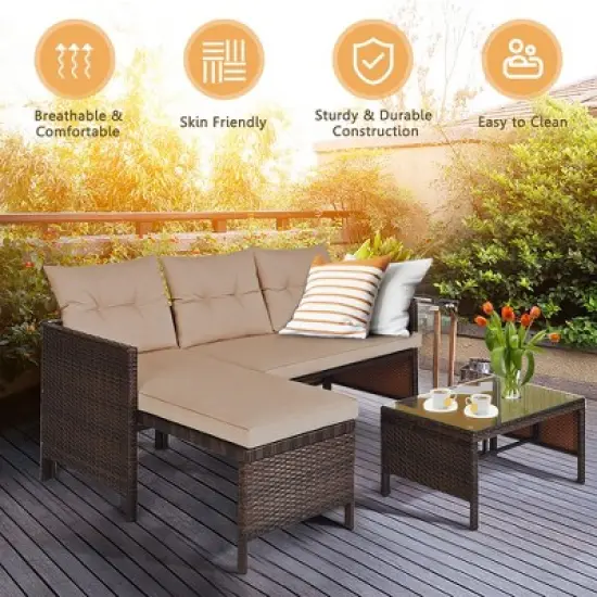 Costway 3PCS Patio Wicker Rattan Sofa Set Outdoor Sectional Conversation Set Garden Lawn Brown image {3}