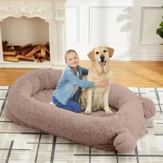 Human Dog Bed, 71''x45''x12'' Large Dog Bed with Blanket, Storage Pockets, Portable Handle, Removable Cover, Human Size Pet Bed image {9}