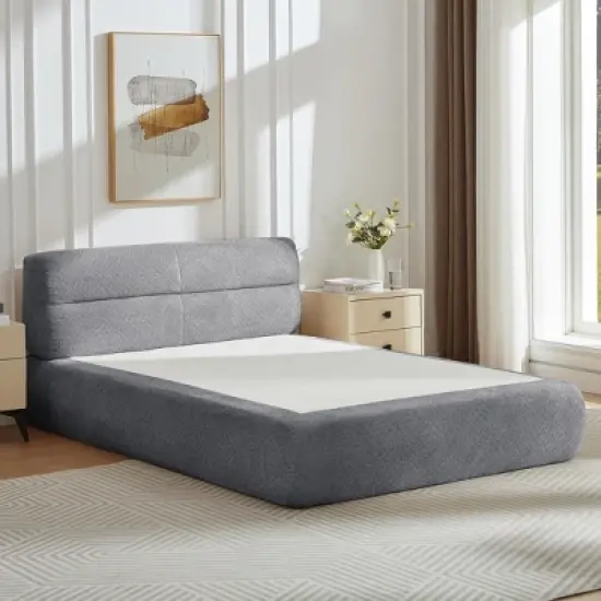 Aukfa 2-in-1 Queen Size Upholstered Platform Bed with Mattress, No Assembly Floor Bed Frame with Headboard, 13.4" Chenille Fabric image {1}