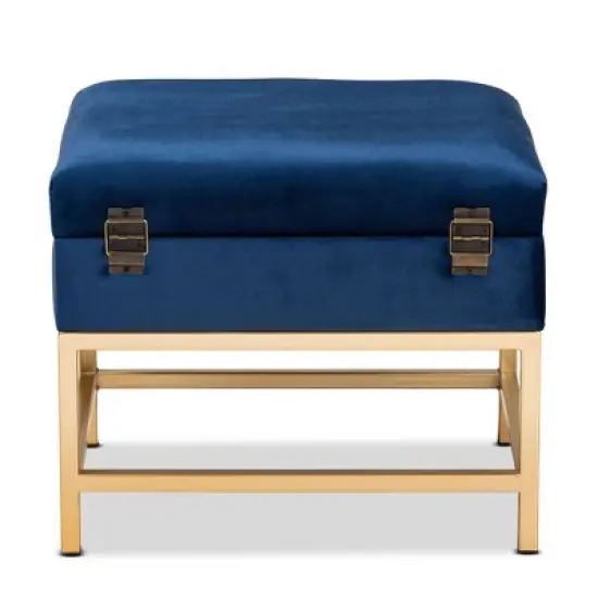 Aliana Fabric and Metal Ottoman Navy Blue/Gold - Baxton Studio image {4}