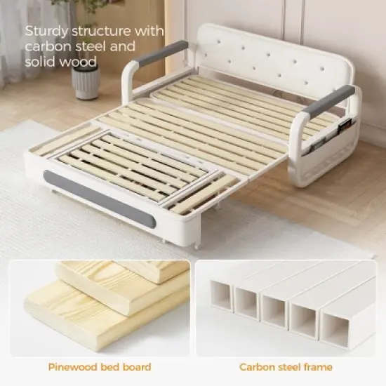 Luck Live Modern Patio Sofas 62.2in extendable pull Outdoor Sofa bed,Solid wood & White metal frame/Gray cushion with storage function image {10}