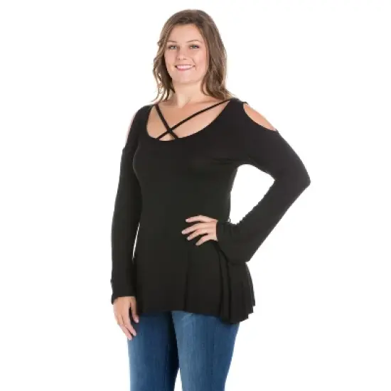 24seven Comfort Apparel Womens Plus Size Long Sleeve Criss Cross Cold Shoulder Top image {1}